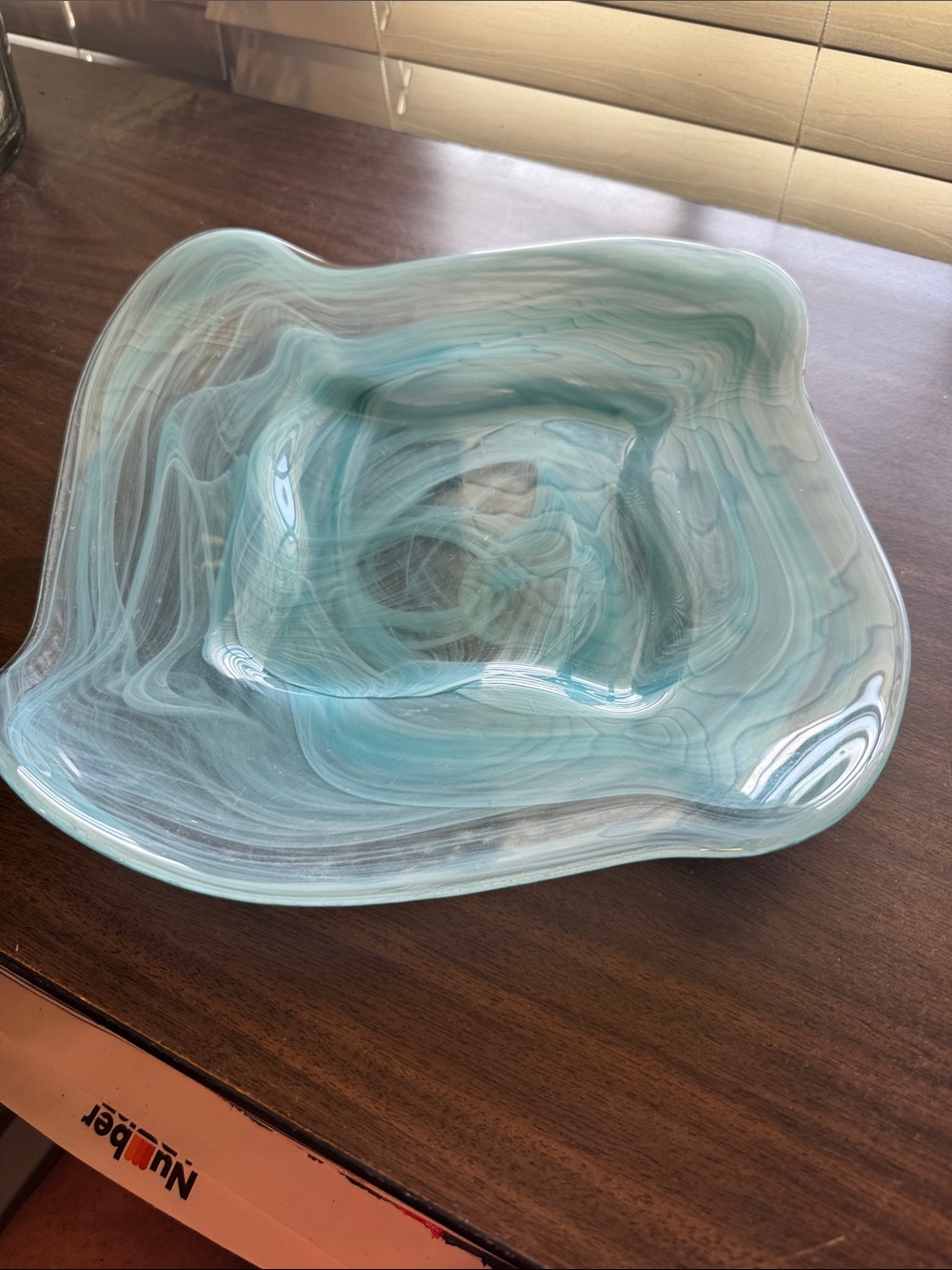Hand-Blown Turquoise Swirl Glass Decorative Bowl